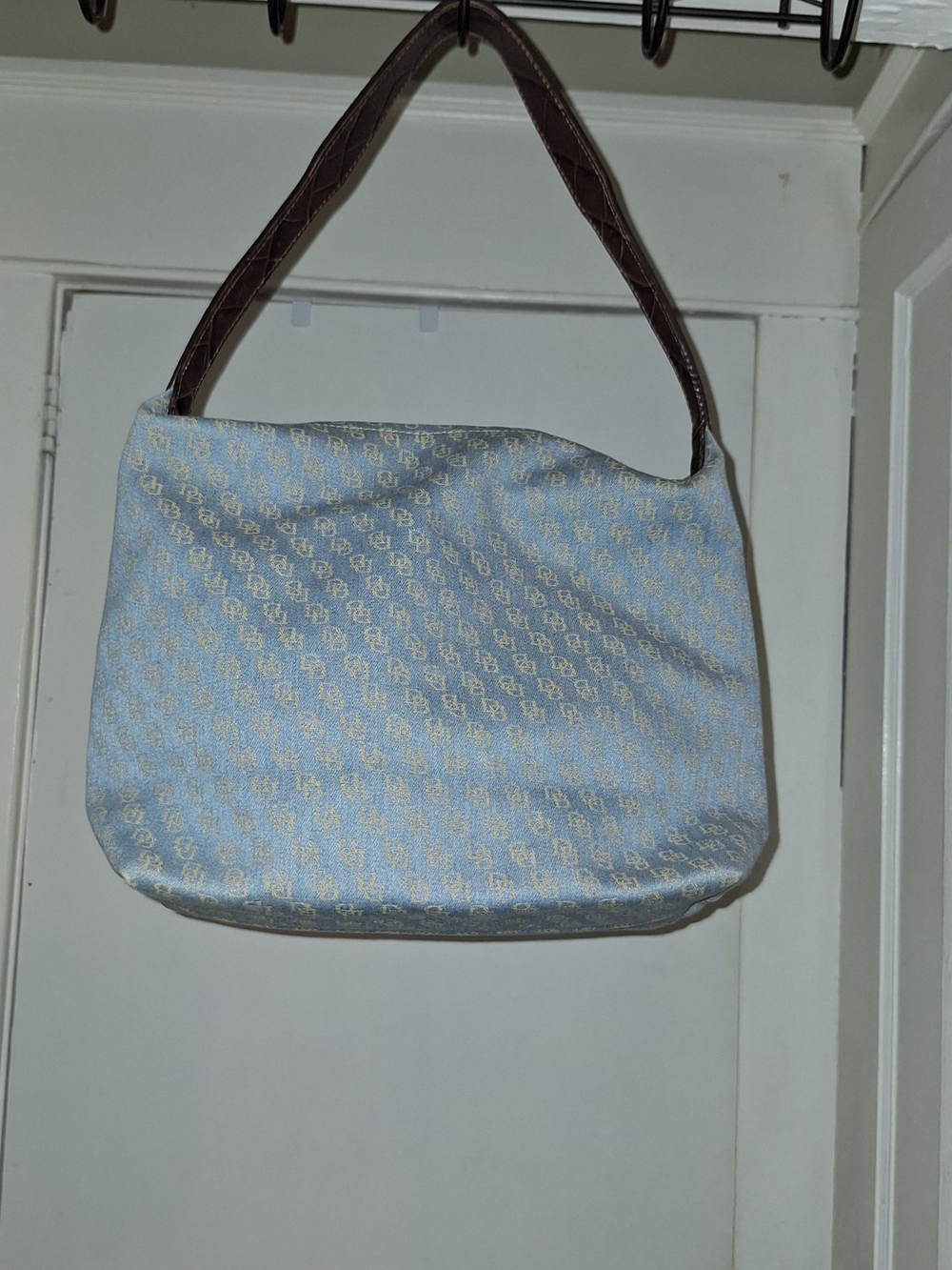 Light Blue Patterned Shoulder Bag with Brown Straps